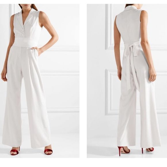 Rachel Zoe Pants - Rachel Zoe Karli Wide Leg Virgin Wool Twill Jumpsuit Sleeveless off-white/ Ecru